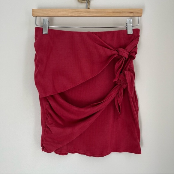 [express] ribbed stretch double tie knot wrap mini skirt red S - Picture 1 of 5
